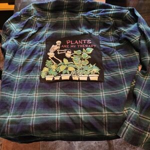 Upcycled Plaid Button Down Shirt with Plant Graphic